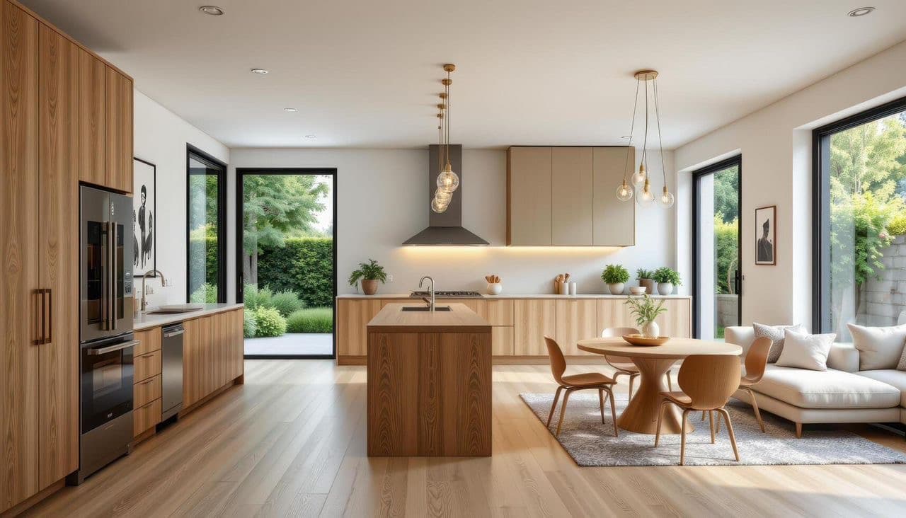 Cuisine lumineuse avec salle à manger et canapé d'angle