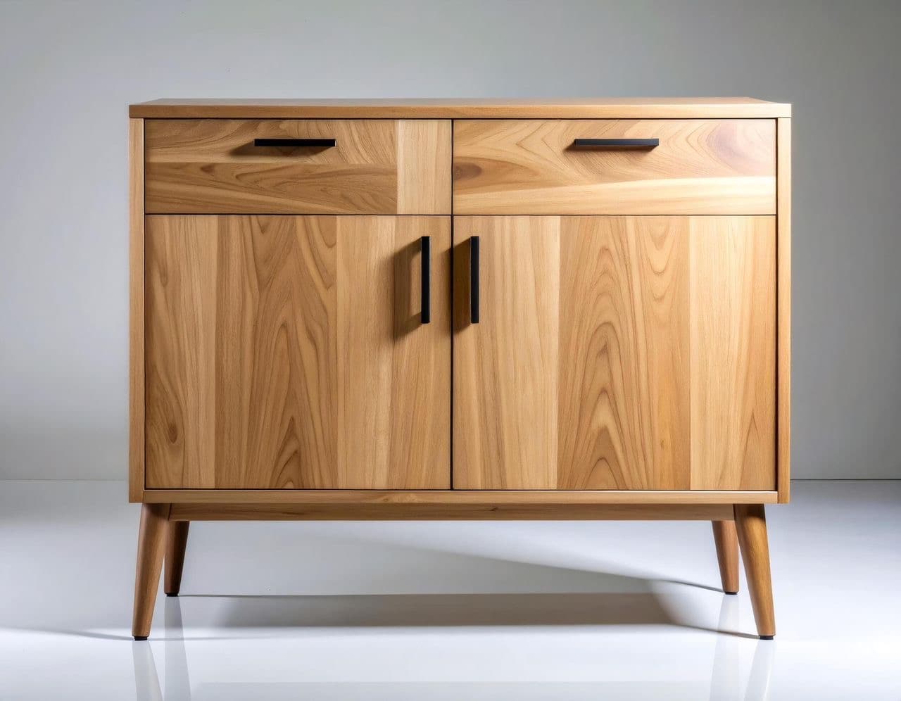 Buffet en bois massif avec poignées noires, design épuré