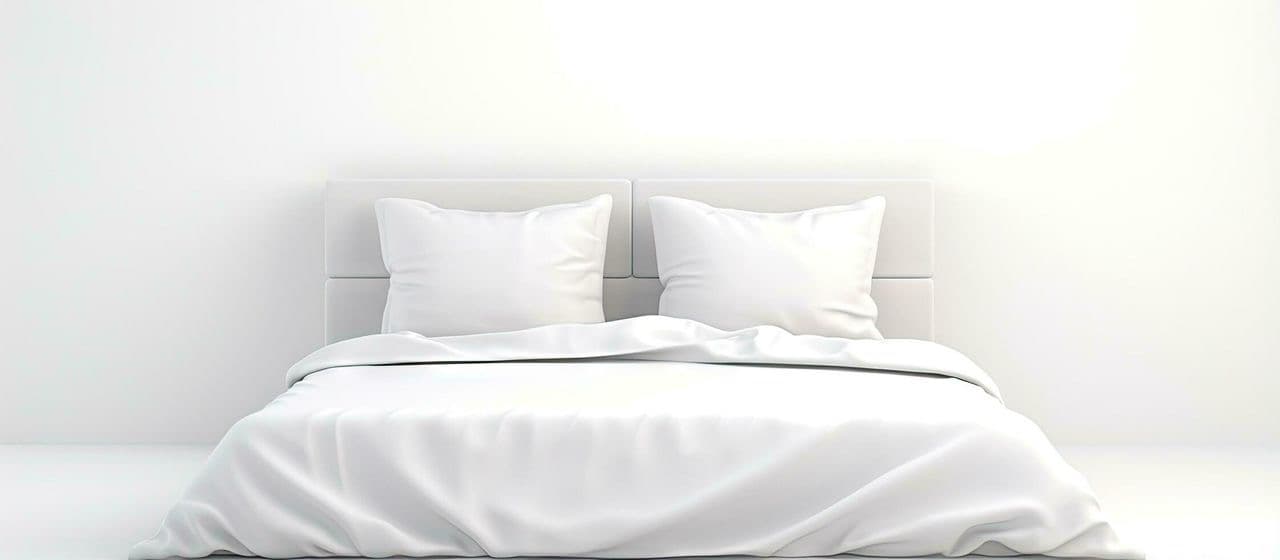 Lit double en lin blanc dans une chambre minimaliste